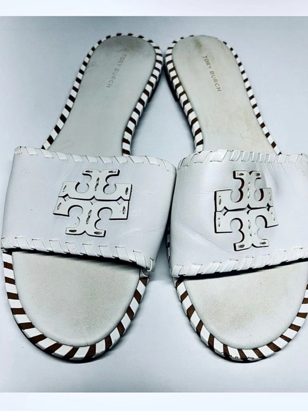 Tory Burch White & Brown Striped Sandals